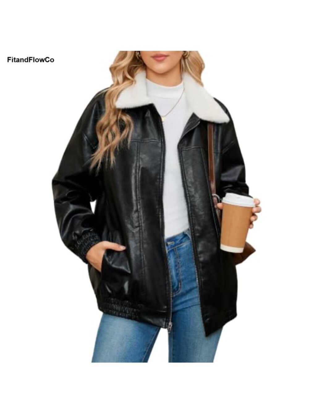 Oversized Faux Leather Sherpa Lined Zip Moto Jacket Faux PU Winter Coat